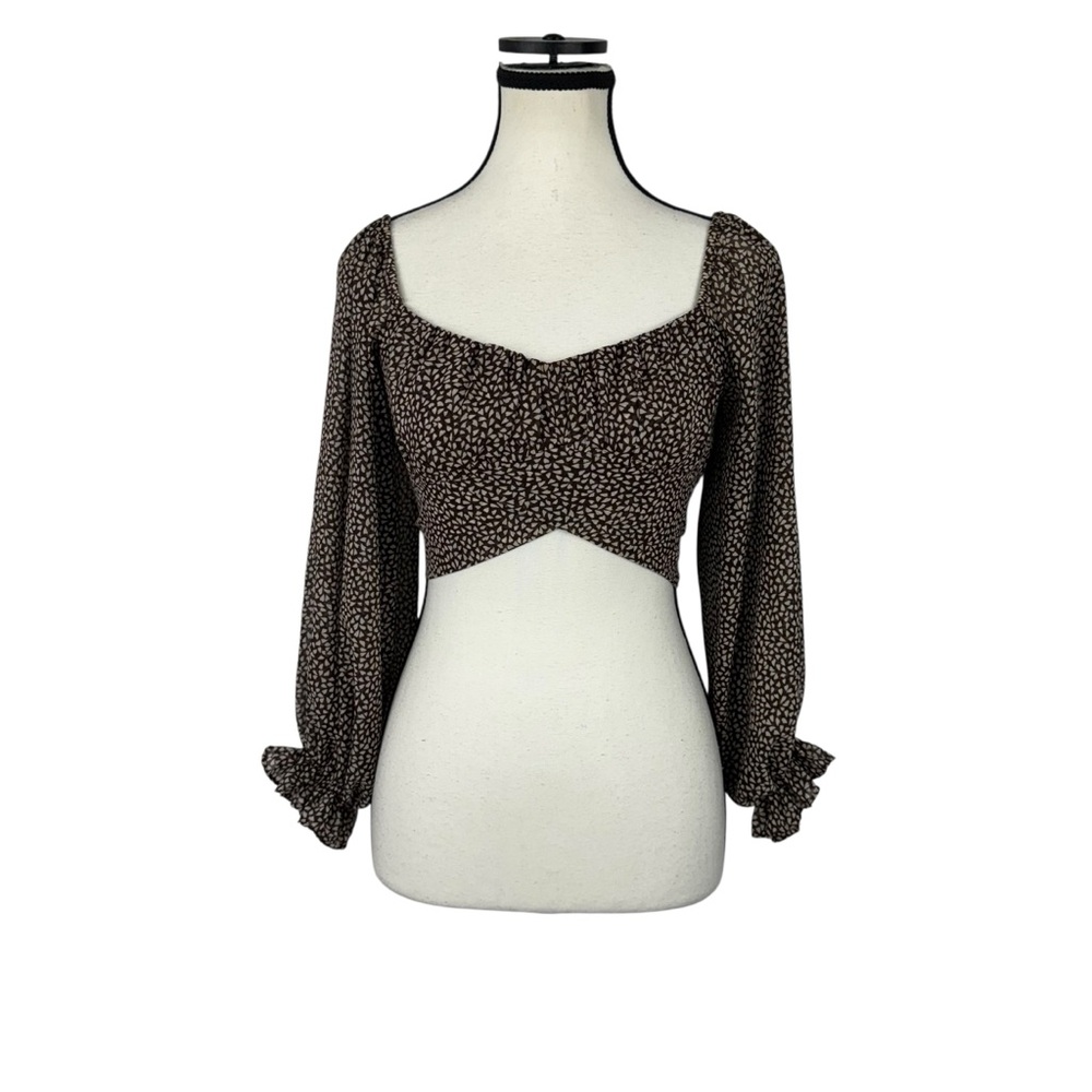 Petal + Pup Brown Heart Print Long Sleeve Cropped Blouse Size 0 US / 4 AU - Picture 2 of 11